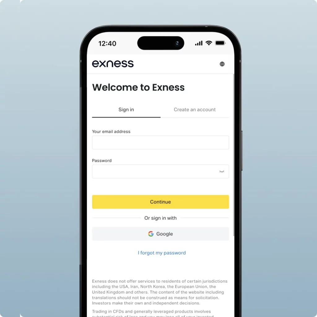 Masuk ke akun Exness Anda di perangkat seluler Anda