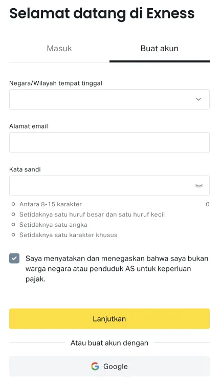 Registration di Exnes Indonesia, Anda dapat masuk melalui akun Google